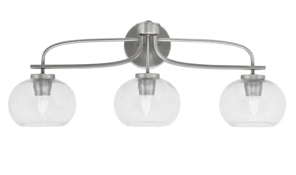 The Cavella 3-Light Bath Bar combines contemporary style with functional design. Its graphite finish and clear bubble glass shades create visual interest while providing ample illumination for bathroom tasks.