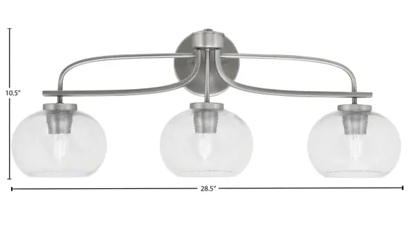 The Cavella 3-Light Bath Bar combines contemporary style with functional design. Its graphite finish and clear bubble glass shades create visual interest while providing ample illumination for bathroom tasks. - alternate view