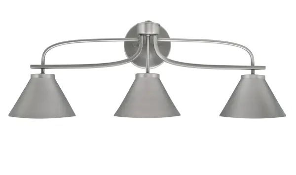 The Cavella 3 Light Bath Bar combines contemporary style with practical functionality. Its sleek graphite finish and cone-shaped metal shades create ambient lighting perfect for modern bathrooms.