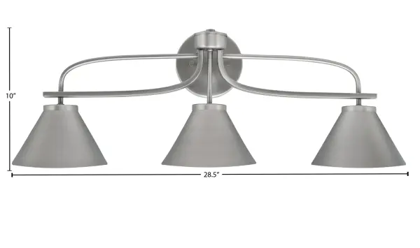The Cavella 3 Light Bath Bar combines contemporary style with practical functionality. Its sleek graphite finish and cone-shaped metal shades create ambient lighting perfect for modern bathrooms. - alternate view