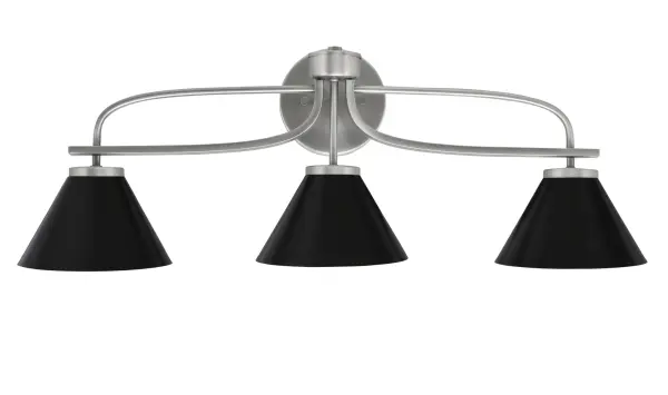 The Cavella 3-Light Bath Bar combines industrial style with practical functionality. Its graphite finish and matte black cone shades create a bold, modern aesthetic while providing focused task lighting perfect for bathroom vanities.