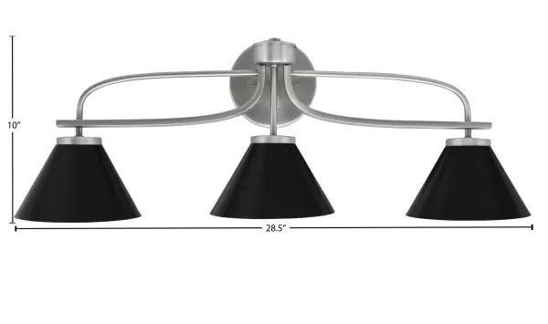 The Cavella 3-Light Bath Bar combines industrial style with practical functionality. Its graphite finish and matte black cone shades create a bold, modern aesthetic while providing focused task lighting perfect for bathroom vanities. - alternate view