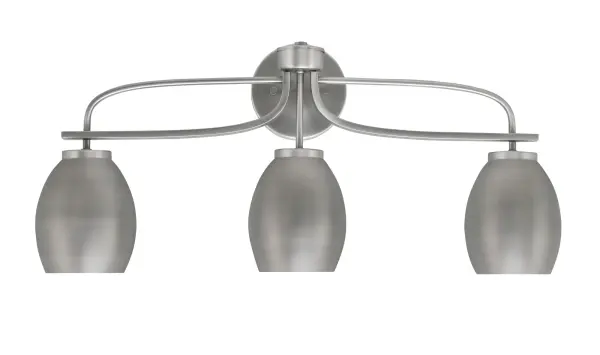 The Cavella 3-Light Bath Bar combines industrial-inspired oval metal shades with a sleek graphite finish, offering flexible up or down mounting. Perfect for modern bathrooms seeking bright, functional lighting with style.