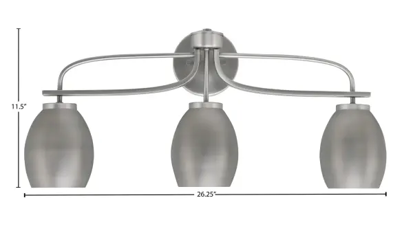 The Cavella 3-Light Bath Bar combines industrial-inspired oval metal shades with a sleek graphite finish, offering flexible up or down mounting. Perfect for modern bathrooms seeking bright, functional lighting with style. - alternate view