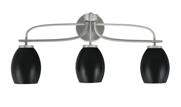 The Cavella 3-Light Bath Bar combines contemporary design with practical functionality. Its graphite finish and matte black oval shades create a sophisticated look, while the up or down mounting option provides installation flexibility.