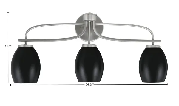 The Cavella 3-Light Bath Bar combines contemporary design with practical functionality. Its graphite finish and matte black oval shades create a sophisticated look, while the up or down mounting option provides installation flexibility. - alternate view