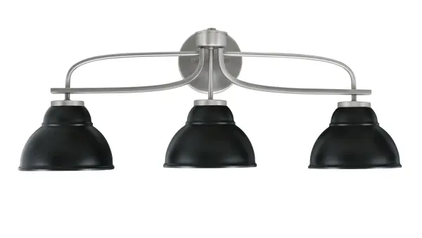 The Cavella 3-Light Bath Bar combines contemporary design with industrial flair. Its graphite finish and distinctive matte black double bubble metal shades create a bold statement perfect for modern bathrooms.