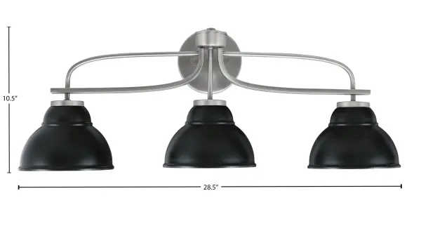 The Cavella 3-Light Bath Bar combines contemporary design with industrial flair. Its graphite finish and distinctive matte black double bubble metal shades create a bold statement perfect for modern bathrooms. - alternate view