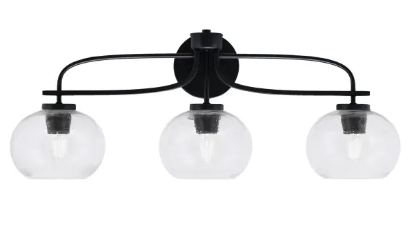 The Cavella 3-Light Bath Bar combines sleek matte black finish with distinctive clear bubble glass shades for a contemporary look. Its 28.5-inch width provides ample illumination, while up or down mounting flexibility adapts to any bathroom design.