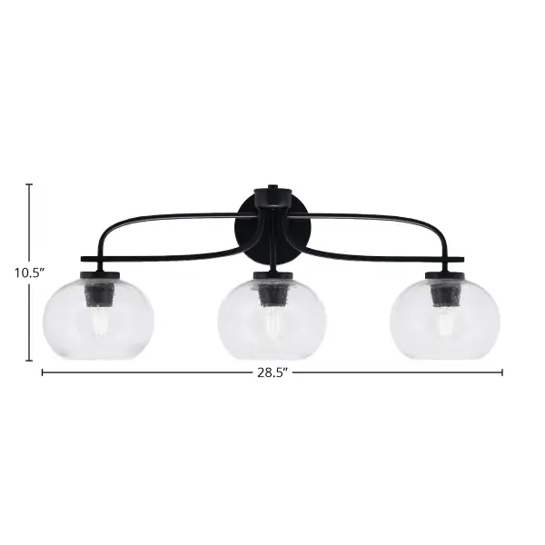 The Cavella 3-Light Bath Bar combines sleek matte black finish with distinctive clear bubble glass shades for a contemporary look. Its 28.5-inch width provides ample illumination, while up or down mounting flexibility adapts to any bathroom design. - alternate view
