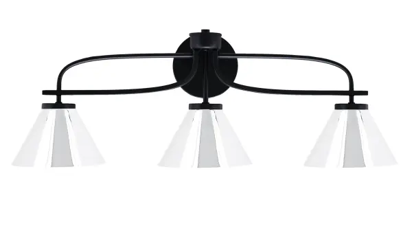 The Cavella 3-Light Bath Bar combines modern minimalist design with functional lighting. Its matte black finish and chrome cone shades create visual interest while providing excellent task lighting for bathrooms and vanity areas.
