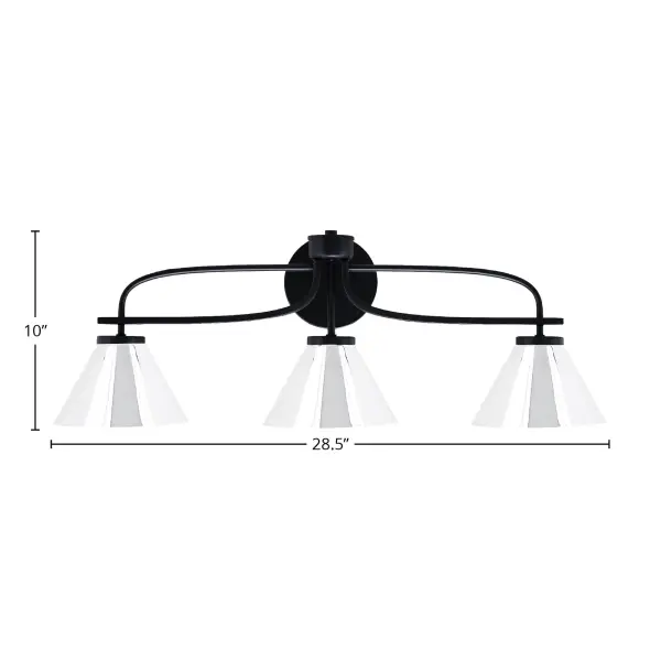 The Cavella 3-Light Bath Bar combines modern minimalist design with functional lighting. Its matte black finish and chrome cone shades create visual interest while providing excellent task lighting for bathrooms and vanity areas. - alternate view