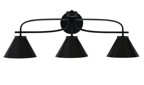 The Cavella 3 Light Bath Bar delivers sophisticated modern style with its matte black finish and cone metal shades. At 28.5 inches wide, it's perfectly sized for medium to large vanities and offers flexible up or down mounting.