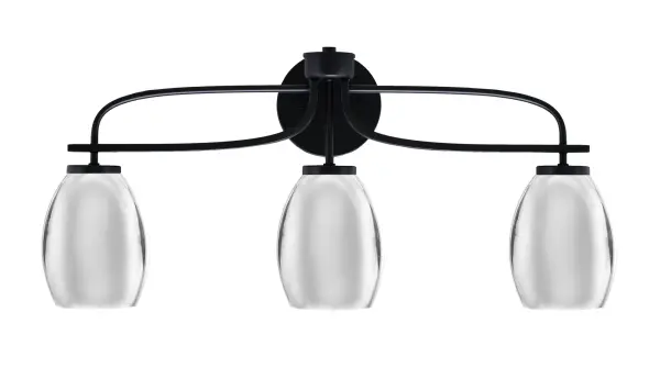 The Cavella 3-Light Bath Bar delivers contemporary style with its bold matte black finish and polished chrome oval shades. At 26.25" wide, it provides excellent illumination for medium to large vanities while adding industrial-modern flair.