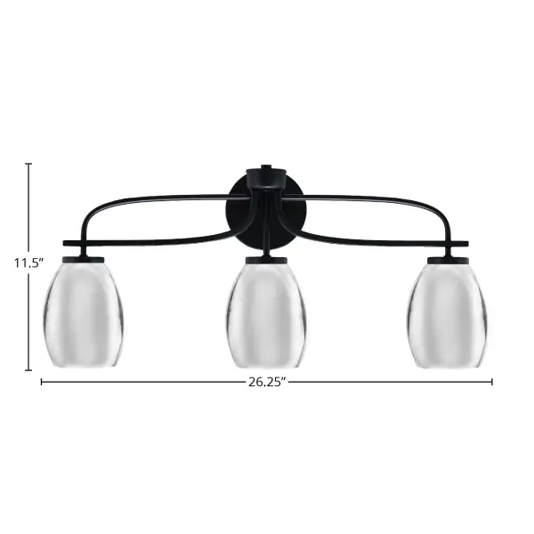 The Cavella 3-Light Bath Bar delivers contemporary style with its bold matte black finish and polished chrome oval shades. At 26.25" wide, it provides excellent illumination for medium to large vanities while adding industrial-modern flair. - alternate view