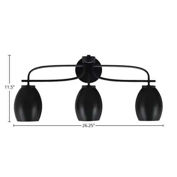 The Cavella 3-Light Bath Bar combines modern aesthetics with practical functionality. Its matte black finish and oval metal shades create a bold statement while providing excellent task lighting for bathrooms. - alternate view