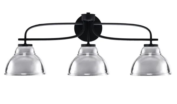 The Cavella 3-Light Bath Bar combines contemporary design with industrial flair. Its matte black finish and distinctive chrome double bubble shades create dramatic visual interest while providing excellent task lighting for bathrooms.