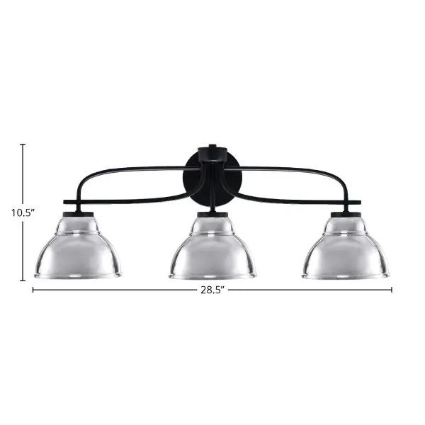 The Cavella 3-Light Bath Bar combines contemporary design with industrial flair. Its matte black finish and distinctive chrome double bubble shades create dramatic visual interest while providing excellent task lighting for bathrooms. - alternate view