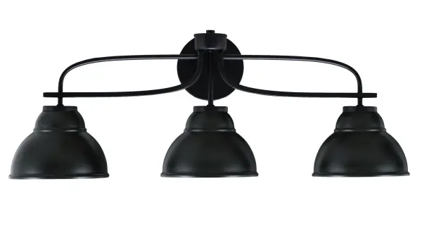 The Cavella 3-Light Bath Bar combines sleek matte black finish with unique double bubble metal shades for a modern, industrial aesthetic. Perfect for contemporary bathrooms seeking bold style with versatile up or down mounting.
