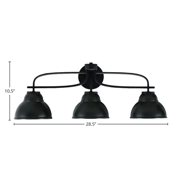 The Cavella 3-Light Bath Bar combines sleek matte black finish with unique double bubble metal shades for a modern, industrial aesthetic. Perfect for contemporary bathrooms seeking bold style with versatile up or down mounting. - alternate view