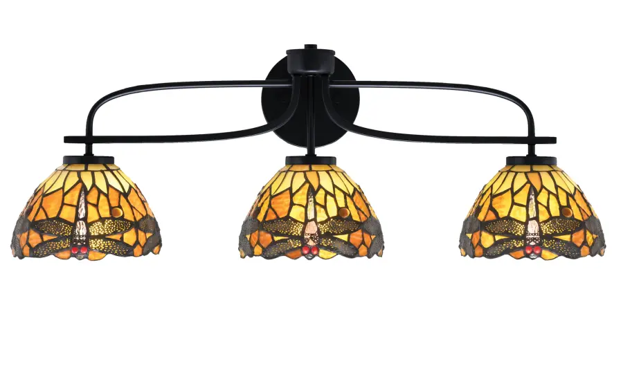 Cavella 3-Light Bath Bar in Matte Black with Amber Dragonfly Glass - Image 1