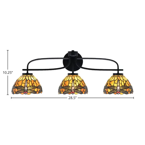 Cavella 3-Light Bath Bar in Matte Black with Amber Dragonfly Glass - Image 2