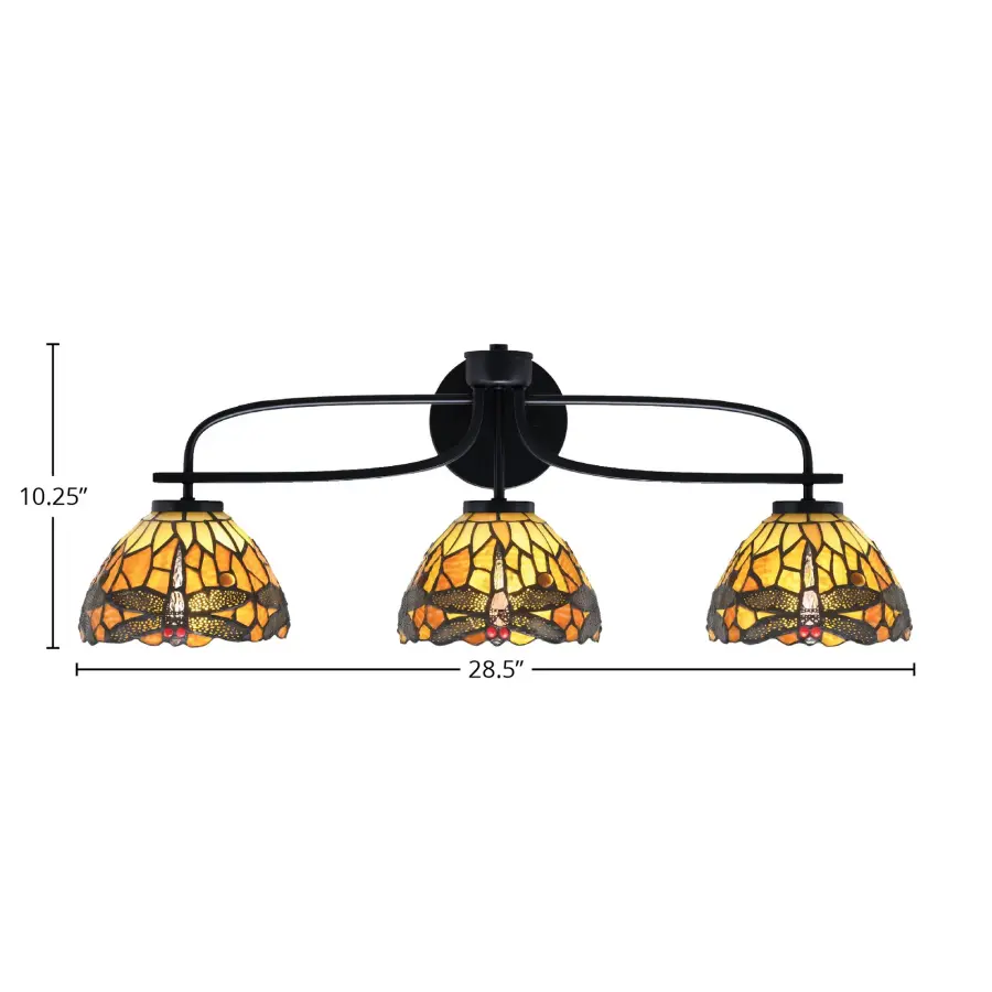 Cavella 3-Light Bath Bar in Matte Black with Amber Dragonfly Glass - Image 2