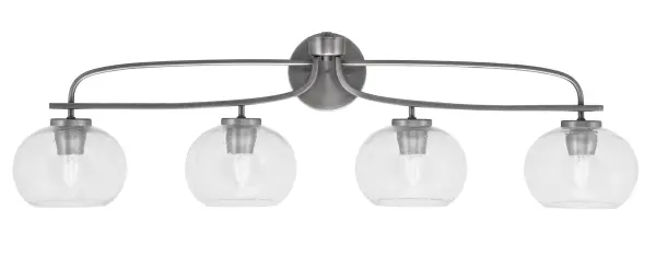 The Cavella 4 Light Bath Bar combines industrial-inspired graphite finish with distinctive clear bubble glass shades, creating a bold statement piece. At 39 inches wide, it provides excellent illumination for larger vanities while adding architectural interest to modern bathrooms.