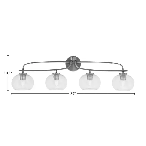 The Cavella 4 Light Bath Bar combines industrial-inspired graphite finish with distinctive clear bubble glass shades, creating a bold statement piece. At 39 inches wide, it provides excellent illumination for larger vanities while adding architectural interest to modern bathrooms. - alternate view