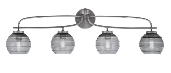 The Cavella 4 Light Bath Bar combines contemporary style with practical functionality. Its graphite finish and smoke ribbed glass shades create a sophisticated look while providing ample illumination for grooming tasks.
