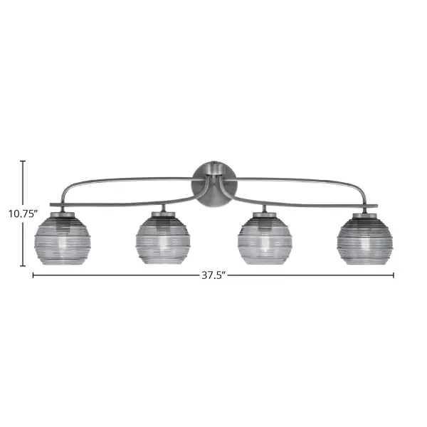 The Cavella 4 Light Bath Bar combines contemporary style with practical functionality. Its graphite finish and smoke ribbed glass shades create a sophisticated look while providing ample illumination for grooming tasks. - alternate view