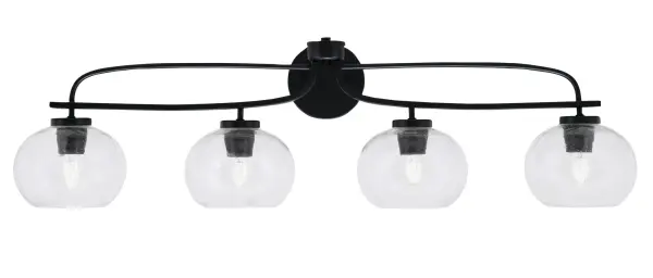 The Cavella 4-Light Bath Bar combines contemporary matte black styling with unique clear bubble glass shades. Its 39-inch width provides excellent illumination for larger vanities, while the up-or-down mounting flexibility allows customization to your space.