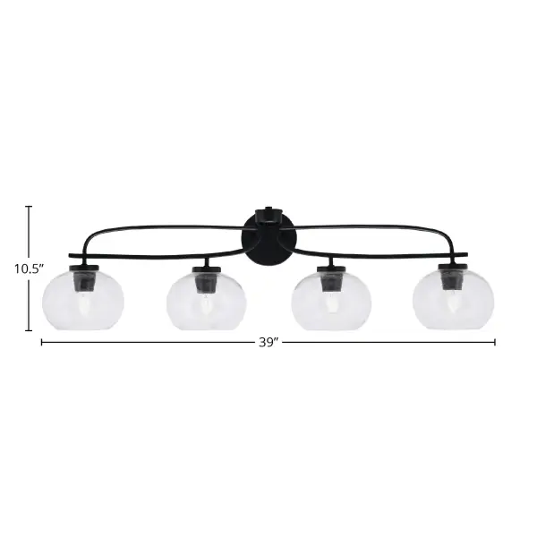 The Cavella 4-Light Bath Bar combines contemporary matte black styling with unique clear bubble glass shades. Its 39-inch width provides excellent illumination for larger vanities, while the up-or-down mounting flexibility allows customization to your space. - alternate view