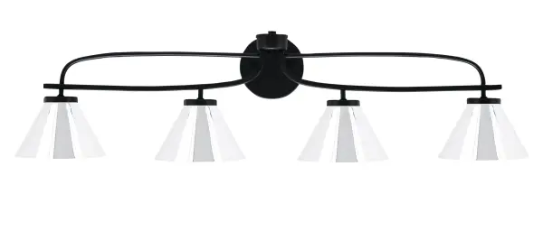 The Cavella 4 Light Bath Bar combines sophisticated matte black finish with gleaming chrome cone shades for a contemporary look. At nearly 39 inches wide, it provides ample illumination for larger vanities while adding modern industrial style.