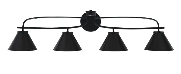 The Cavella 4 Light Bath Bar brings contemporary sophistication to bathroom lighting with its matte black finish and geometric cone shades. At nearly 39 inches wide, it provides ample illumination for larger vanities while maintaining a sleek profile.
