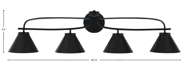 The Cavella 4 Light Bath Bar brings contemporary sophistication to bathroom lighting with its matte black finish and geometric cone shades. At nearly 39 inches wide, it provides ample illumination for larger vanities while maintaining a sleek profile. - alternate view