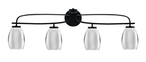 The Cavella 4 Light Bath Bar combines sleek matte black finish with glamorous chrome oval shades, delivering bright, even illumination perfect for vanity areas. Its 37-inch width makes it ideal for double vanities.