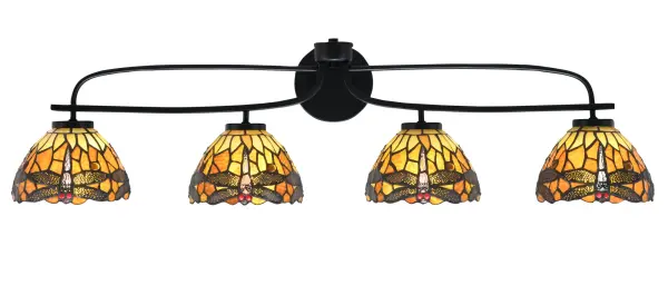 Cavella 4 Light Bath Bar in Matte Black with Amber Dragonfly Art Glass