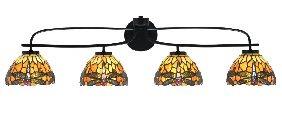 Cavella 4 Light Bath Bar in Matte Black with Amber Dragonfly Art Glass