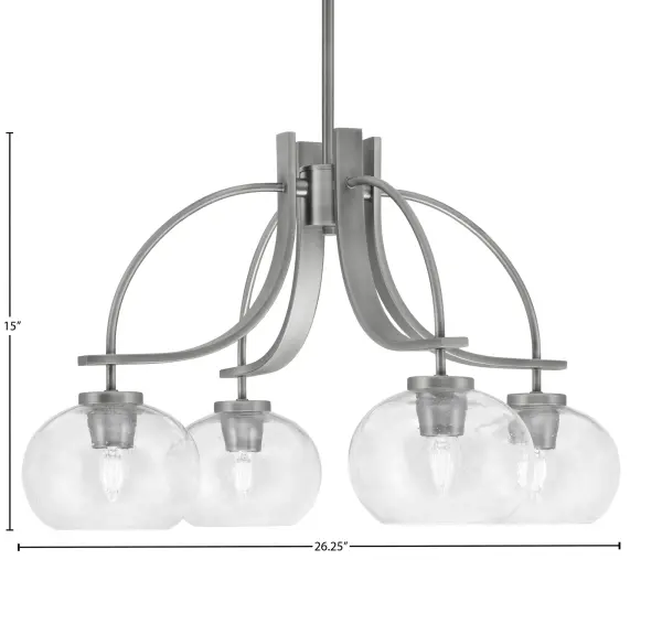 The Cavella 4-Light Chandelier combines contemporary design with industrial flair through its graphite finish and distinctive clear bubble glass shades. At 26.25 inches wide, it provides excellent illumination for medium-sized spaces while adding visual interest. - alternate view