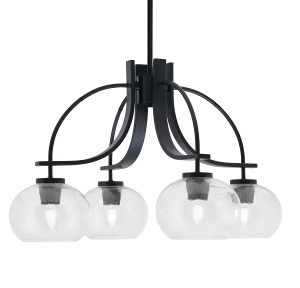The Cavella 4-Light Chandelier combines sleek matte black finish with distinctive clear bubble glass shades, creating a striking focal point. Its adjustable height and downlight design make it versatile for various spaces.