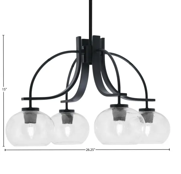 The Cavella 4-Light Chandelier combines sleek matte black finish with distinctive clear bubble glass shades, creating a striking focal point. Its adjustable height and downlight design make it versatile for various spaces. - alternate view