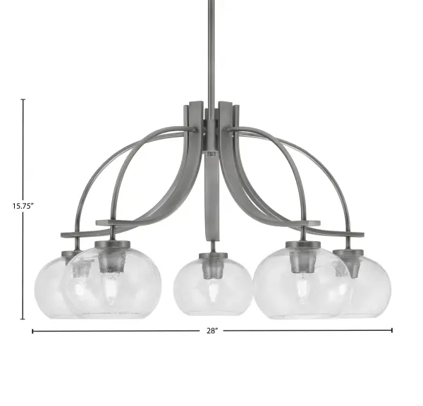 The Cavella 5-Light Chandelier combines contemporary design with industrial appeal through its graphite finish and distinctive clear bubble glass shades. At 28 inches wide, it's perfectly sized for medium dining spaces and kitchen islands. - alternate view