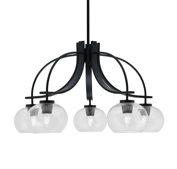 The Cavella 5-Light Chandelier combines contemporary style with industrial charm through its matte black finish and unique clear bubble glass shades. At 28 inches wide, it provides excellent illumination while creating visual interest.