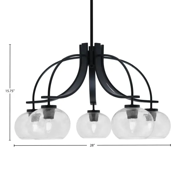 The Cavella 5-Light Chandelier combines contemporary style with industrial charm through its matte black finish and unique clear bubble glass shades. At 28 inches wide, it provides excellent illumination while creating visual interest. - alternate view