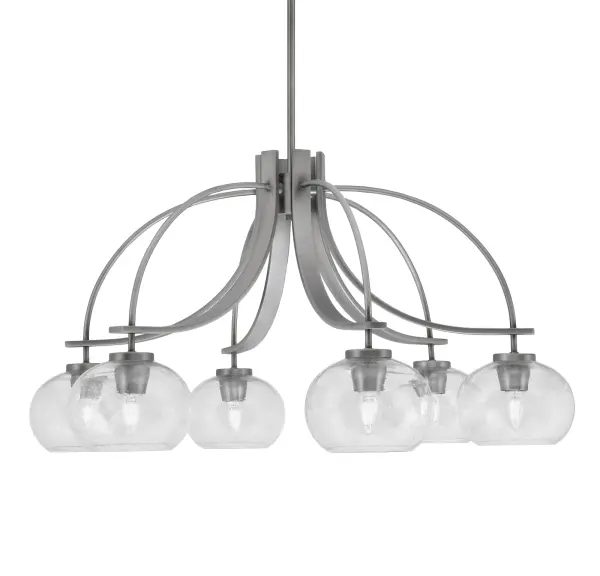 The Cavella 6-Light Chandelier combines contemporary sophistication with industrial edge. Its graphite finish and unique bubble glass shades create visual interest while providing ample illumination for dining and living spaces.