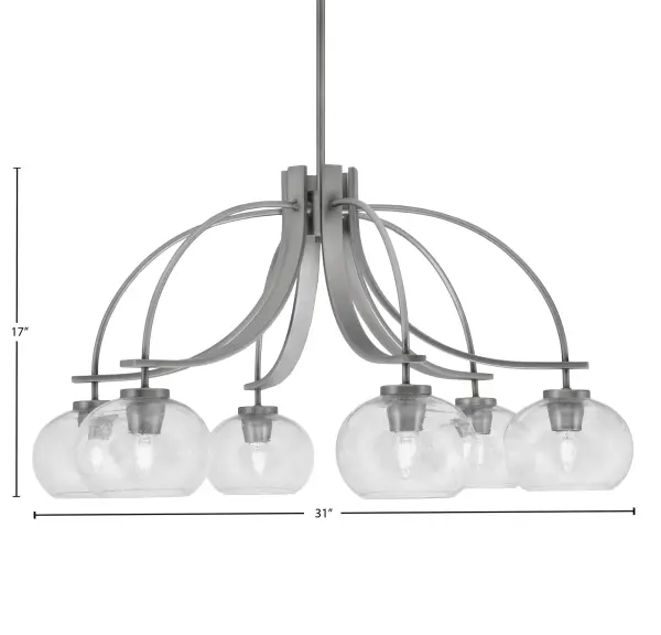 The Cavella 6-Light Chandelier combines contemporary sophistication with industrial edge. Its graphite finish and unique bubble glass shades create visual interest while providing ample illumination for dining and living spaces. - alternate view