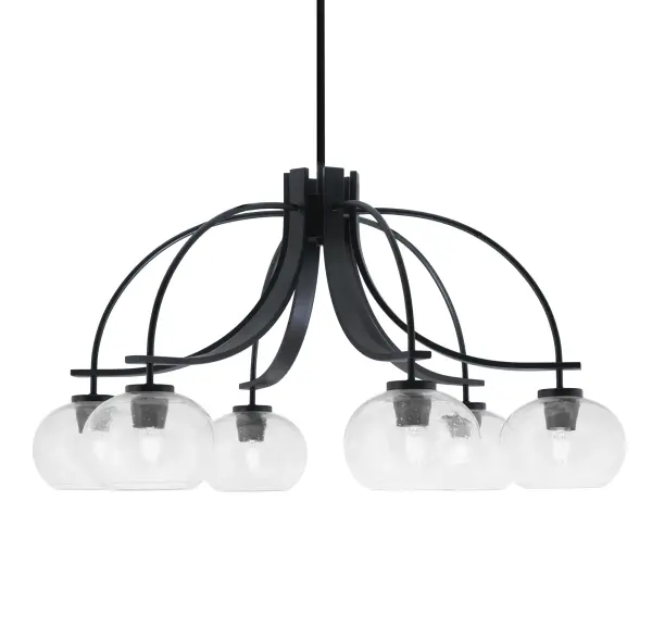 The Cavella 6-Light Chandelier combines contemporary design with industrial flair, featuring striking clear bubble glass shades and a sophisticated matte black finish. Its 31-inch width makes it perfect for medium to large spaces.