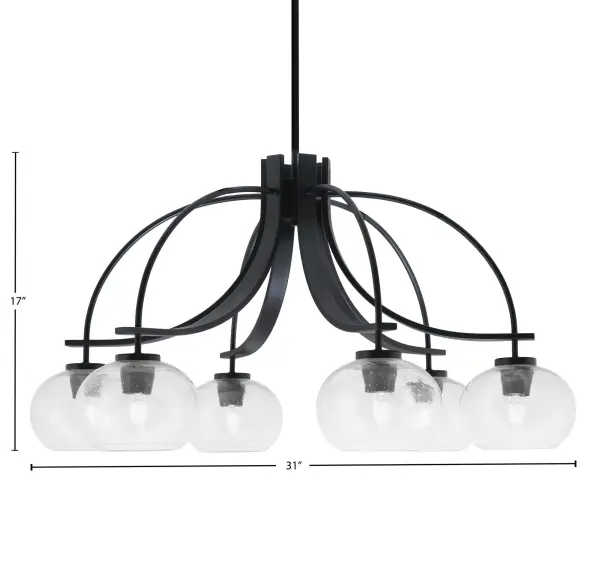 The Cavella 6-Light Chandelier combines contemporary design with industrial flair, featuring striking clear bubble glass shades and a sophisticated matte black finish. Its 31-inch width makes it perfect for medium to large spaces. - alternate view