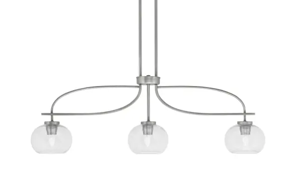 The Cavella 3-Light Island Pendant combines contemporary design with industrial charm. Its graphite finish and unique 7-inch clear bubble glass shades create visual interest while providing ample task lighting for kitchen islands and dining areas.